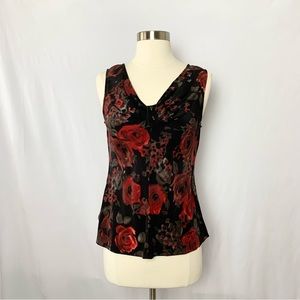 Talbots Size 4 Red Black Abstract Rose Print V-Neck Sleeveless Blouse